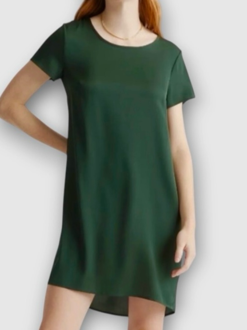 NWT Quince Washable Stretch Silk Tee Dress in Forest Green Size L